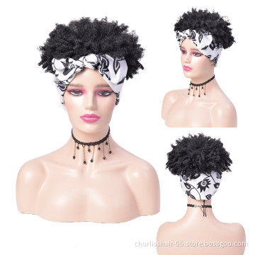 Wholesale Cheap Ombre Turban Wig Afro Short Headband Wigs Kinky Curly Synthetic Wig With Headband Attached For Black Women